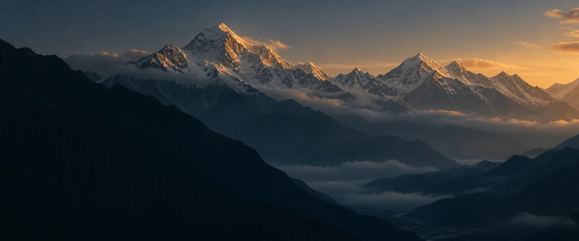 Sunrise over a dramatic mountain range